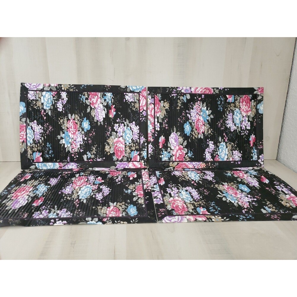 4 Vintage Pleated Placemats Flowers Black Pink Blue Floral made in Taiwan